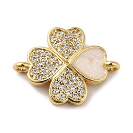 Eco-Friendly Rack Plating Brass Micro Pave Clear Cubic Zirconia Connector Charms, with Enamel, Long-Lasting Plated, Lead Free & Cadmium Free, Clover