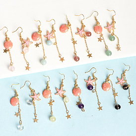 Natural & Synthetic Gemstone Dangle Earrings, Alloy Enamel Starfish & Shell Asymmetrical Earrings for Women