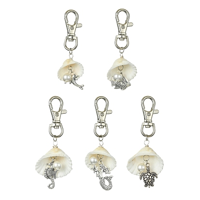Décorations de pendentif de coquille, avec des breloques en alliage d'animaux marins et des fermoirs mousquetons pivotants
