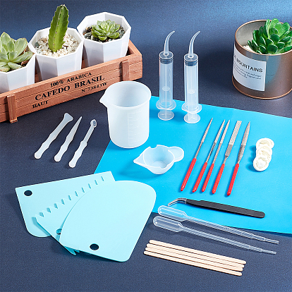 Olycraft Silicone Tool Sets, with Plastic Scraper Tool Sets, 100ml Measuring Cup, Large Silicone Pad Mat, 12ml Plastic Injection Syringe and Stainless Steel Beading Tweezer