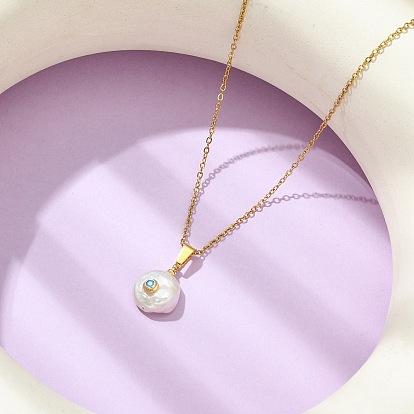 Brass Pave Cubic Zirconia and Natural Keshi Pearl Coin Pendant 304 Stainless Steel Cable Chain Necklaces for Women, White