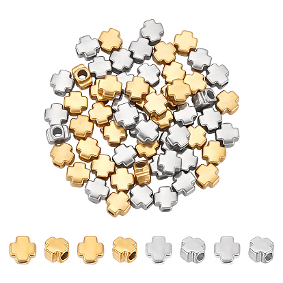 60Pcs 2 Colors 304 Stainless Steel Beads, Cross