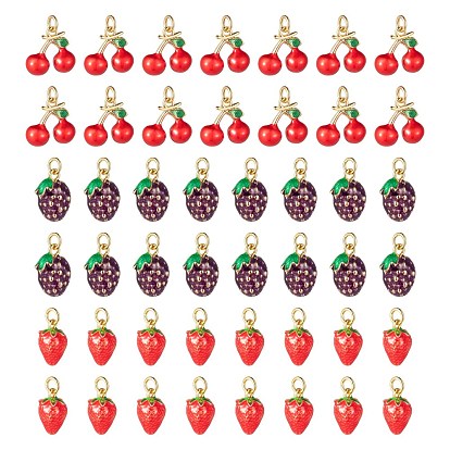 6 piezas 3 dijes de esmalte de latón estilo, larga duración plateado, con anillo de salto, tema de la fruta, real 18 k chapado en oro, cereza y fresa y moras