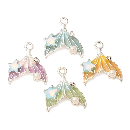 Alloy & Crystal Rhinestone & Enamel Pendants, Fishtail Shape Charms, with ABS Imitation Pearl, Silver