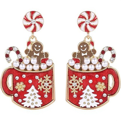 Литые эмаль болтаться серьги стержня, со стразами и пластиковым жемчугом, пряничный человечек с чашкой