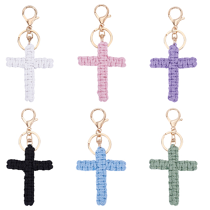 6 pièces 6 couleurs Porte-clés croix tissés en coton, avec alliage homard fermoirs pince, or