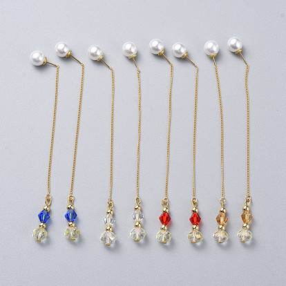 Pendientes de cadena larga, latón cuelgan aretes, con perlas de vidrio, pendientes de perlas de imitación acrílicas espalda / tuercas, dorado
