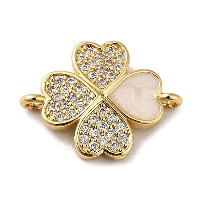 Eco-Friendly Rack Plating Brass Micro Pave Clear Cubic Zirconia Connector Charms, with Enamel, Long-Lasting Plated, Lead Free & Cadmium Free, Clover