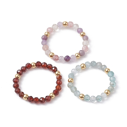 3Pcs Natural Gemstone Faceted Round Stretch Finger Rings, Brass Round Beaded Finger Rings for Women