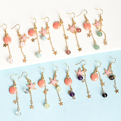 Natural & Synthetic Gemstone Dangle Earrings, Alloy Enamel Starfish & Shell Asymmetrical Earrings for Women
