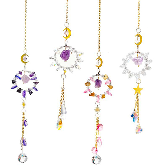 Кольцо из натуральных драгоценных камней, подвесное окно, ловцы солнца, со стеклянными подвесками-каплями и металлической звеньевой луны/солнца