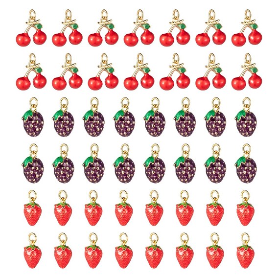 6Pcs 3 Style Brass Enamel Charms, Long-Lasting Plated, with Jump Ring, Fruit Theme, Real 18K Gold Plated, Cherry & Strawberry & Mulberries