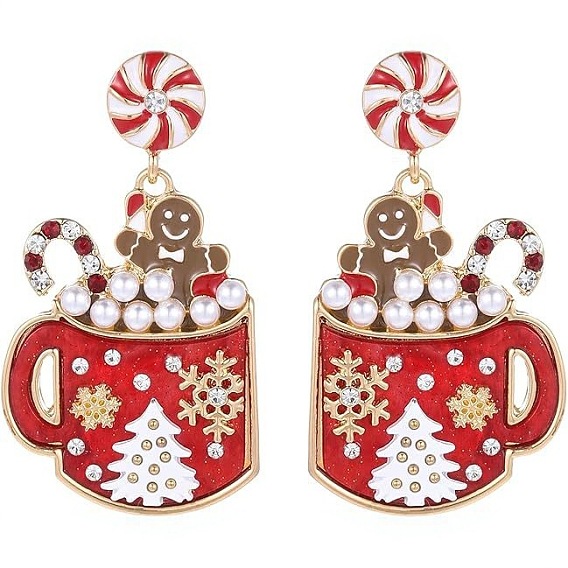 Литые эмаль болтаться серьги стержня, со стразами и пластиковым жемчугом, пряничный человечек с чашкой
