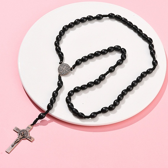 Овальные деревянные четки, ожерелья из сплава с медалью Святого Бенедикта и крестом Иисуса, Красная медь