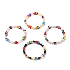 Stretch Beaded Bracelets, with Cube Millefiori Glass Beads, Round Natural Gemstone Beads and Brass Beads