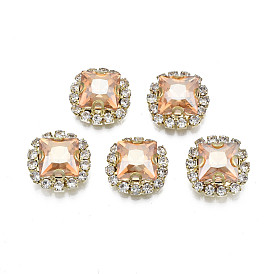 Sew on Rhinestone, Transparent Glass Rhinestone, with Brass Prong Settings, Faceted, Square