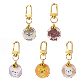 Alloy Enamel Pendant Decoraiton, with Brass Bell Charms and Zinc Alloy Swivel Clasps, Flat Round with Dog
