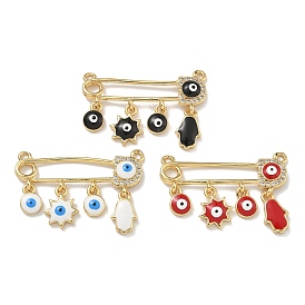 Rack Plating Brass Micro Pave Clear Cubic Zirconia with Enamel Connector Charms, Long-Lasting Plated, Lead Free & Cadmium Free, Real 18K Gold Plated, Sun & Hamsa Hand & Flat Round Brooch