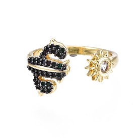 Black Cubic Zirconia Cactus and Sun Open Cuff Ring for Women, Nickel Free