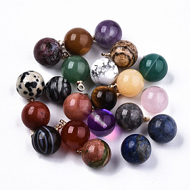 Natural Mixed Gemstone & Glass Charms, with Platinum & Golden Plated Brass Loops, Round