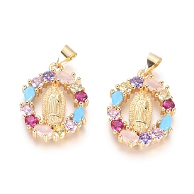 Brass Micro Pave Cubic Zirconia Pendants, Cadmium Free & Lead Free, Long-Lasting Plated, Oval with Virgin Mary, Colorful