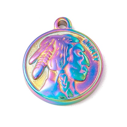 Ion Plating(IP) 304 Stainless Steel Pendants, Flat Round with Human Face