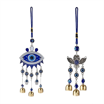 2Pcs 2 Style Car Hanging Alloy Glass Rhinestone Wind Chime, with Evil Eye Resin Beads