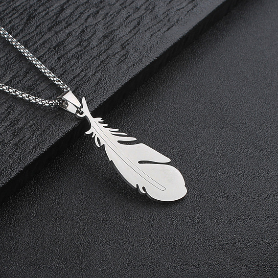 304 Stainless Steel Feather Pendant Box Chain Necklaces for Men