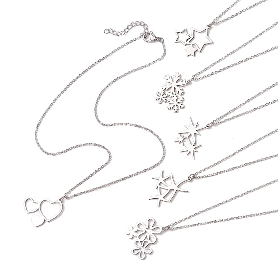 6 шт. 6 стили 201 нержавеющая сталь 3 ожерелья с подвесками в виде сердца, снежинки, цветка, звезды, с 304 кабельными цепочками из нержавеющей стали