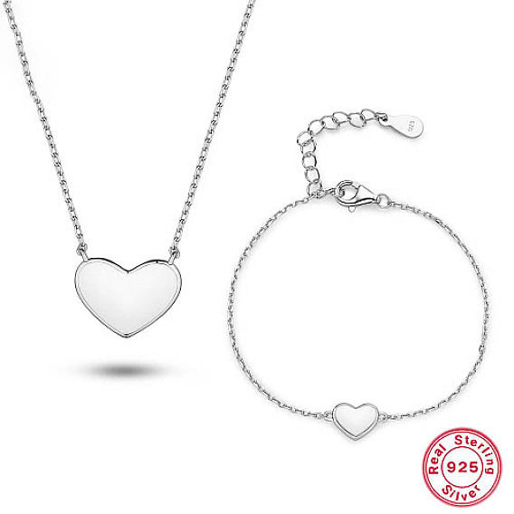 Rhodium Plated 925 Sterling Silver Heart Jewelry Set, Enamel Pendant Necklaces and Link Bracelet