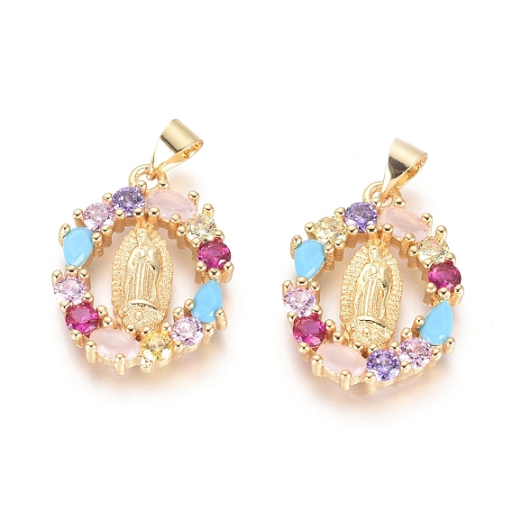 Brass Micro Pave Cubic Zirconia Pendants, Cadmium Free & Lead Free, Long-Lasting Plated, Oval with Virgin Mary, Colorful