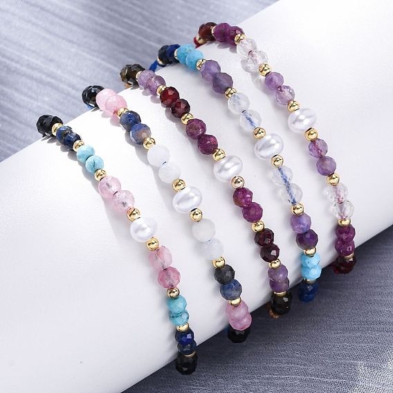 Браслеты из плетеных бусин из натуральных смешанных камней с огранкой круглой формы, бисерные украшения из искусственного жемчуга для женщин, с латунной бисера