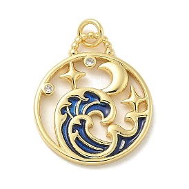 Brass Micro Pave Cubic Zirconia Pendants, with Enamel and Jump Rings, Oblate with Wave Charms