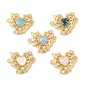 Epoxy Resin & Shell Connector Charms, Rack Plating Brass Pave Clear Cubic Zirconia Heart with Spider Web Links, 18K Gold Plated, Long-lasting Plated, Cadmium Free & Lead Free