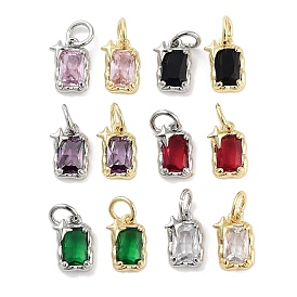 Brass Micro Pave Cubic Zirconia Charms, with Jump Ring, Rectangle with Star