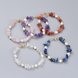 Natural Gemstone Chip Beaded Bracelets, with Shell Pearl Round Beads, Brass Beads and 304 Stainless Steel Lobster Claw Clasps