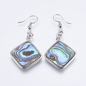 Abalone Shell/Paua Shell Dangle Earrings, with Brass Findings, Rhombus
