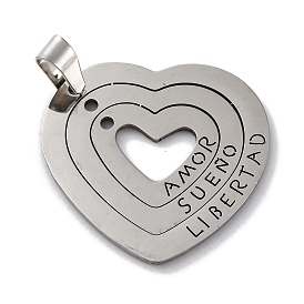 201 подвески из нержавеющей стали, Сердце со словом Amor Sueno Libertad Charms, лазерная резка, анти-тускнение