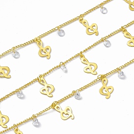 Handmade Brass Curb Chains, with Music Note & Clear Cubic Zirconia Charms, Soldered, with Spool