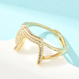 Brass Micro Pave Clear Cubic Zirconia Cuff Rings, Chai Symbol, Rack Plating, Long-Lasting Plated, Lead Free & Cadmium Free