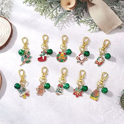 10 шт. 10 стили подвеска с эмалевым сплавом на рождественскую тематику, с алюминиевыми подвесками-колокольчиками и поворотными карабинами из сплава