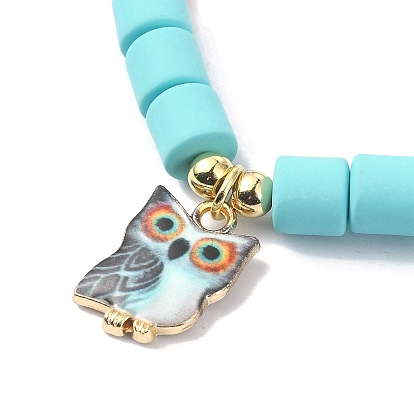 Polymer Clay Column Beaded Stretch Bracelets, with Alloy Owl Charms