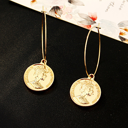Retro Statement Round Earrings with Coin Pendant for Women