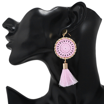 Handmade Dreamcatcher Pendant with Alloy Charm, Cotton Thread Tassel Earrings