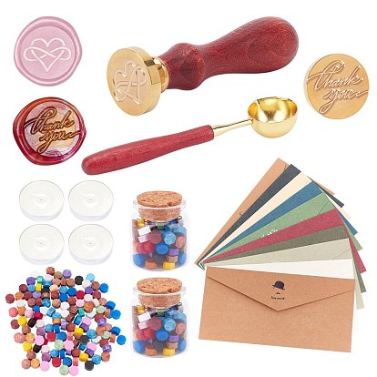 DIY Wax Seal Stamp Kits, Including Sealing Wax Particles, Candle, Beech Wood Handle, Brass Wax Sticks Melting Spoon, Brass Wax Seal Stamp Head, Paper Envelope