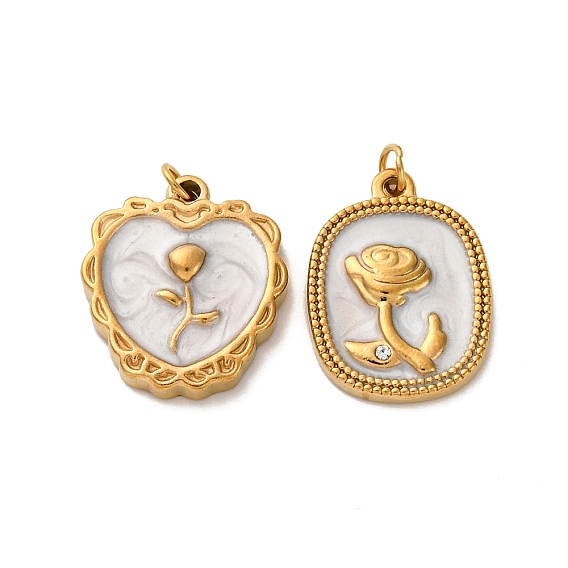 304 нержавеющей стальной эмали подвески, со стразами и прыгающим кольцом, ионное покрытие (ip), реальный 18 k позолоченный, цветочным узором