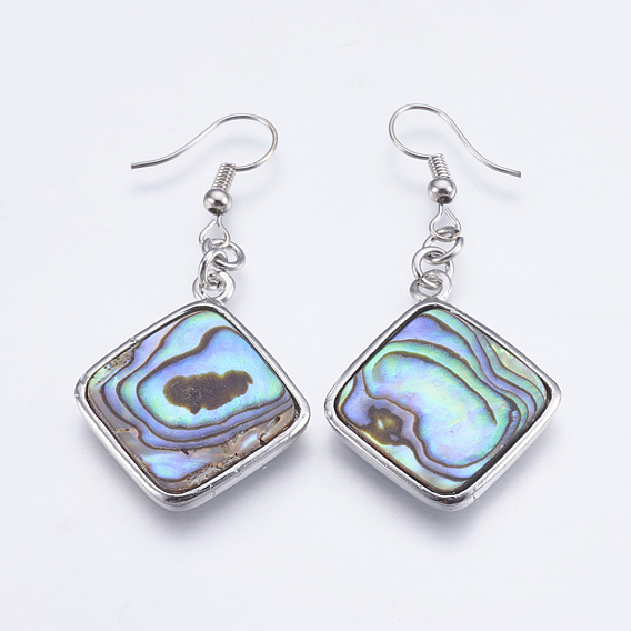 Abalone Shell/Paua Shell Dangle Earrings, with Brass Findings, Rhombus