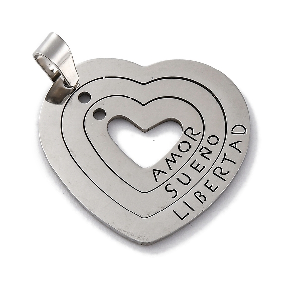 201 подвески из нержавеющей стали, Сердце со словом Amor Sueno Libertad Charms, лазерная резка, анти-тускнение