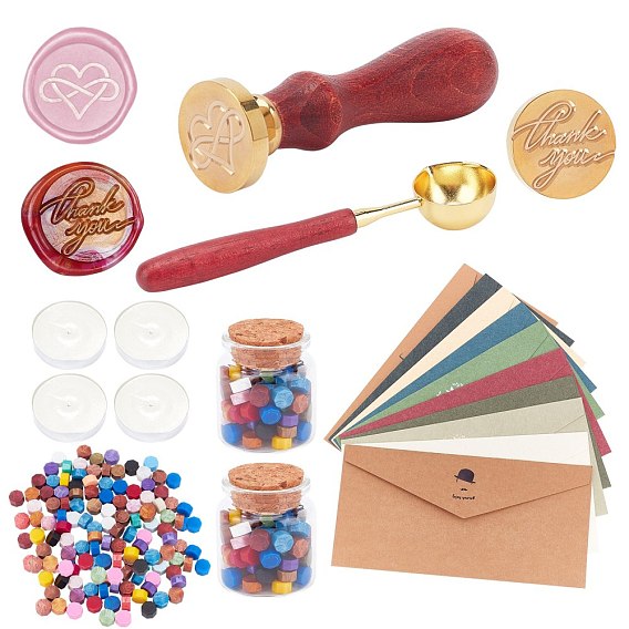 DIY Wax Seal Stamp Kits, Including Sealing Wax Particles, Candle, Beech Wood Handle, Brass Wax Sticks Melting Spoon, Brass Wax Seal Stamp Head, Paper Envelope