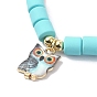 Polymer Clay Column Beaded Stretch Bracelets, with Alloy Owl Charms